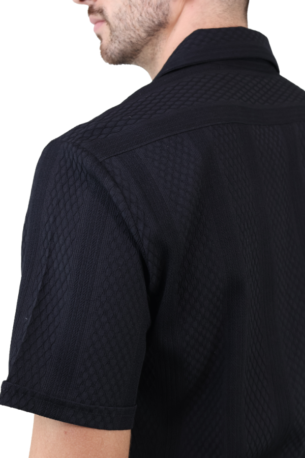 Camisa Negra Manga Corta de Algodón Textura Moderna Stretch para Hombre